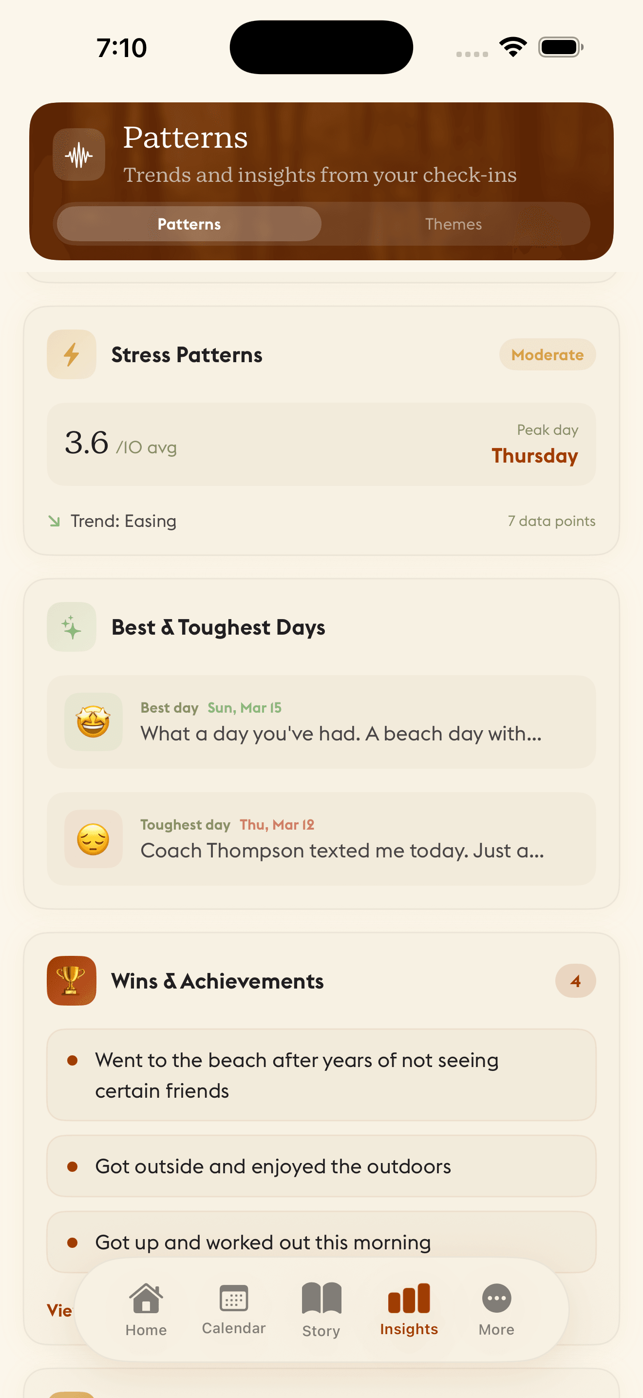 Daylogue insights showing stress patterns, best and toughest days, and wins powered by Apple Health data integration