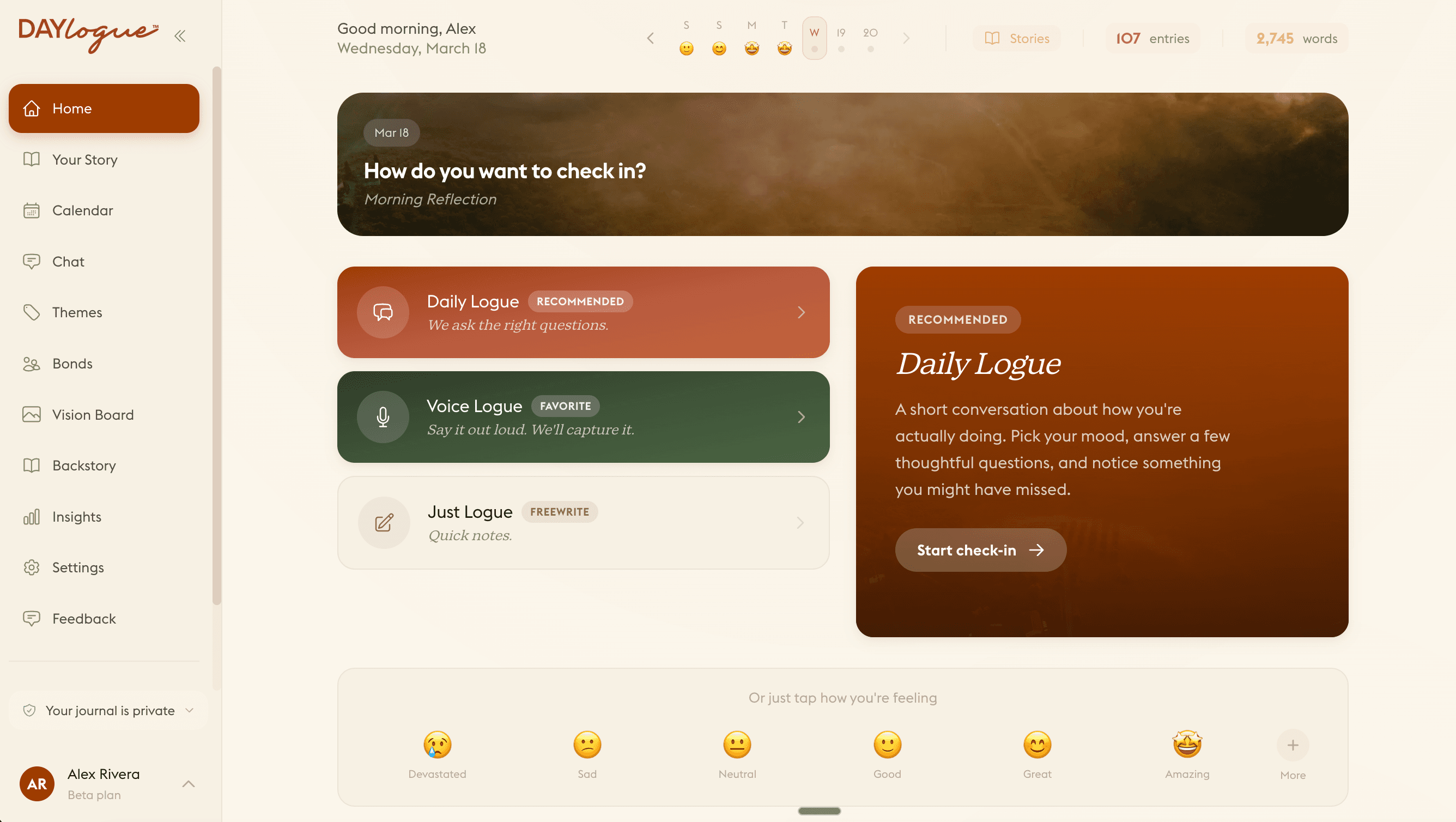 Daylogue web dashboard with check-in, story, and insight views