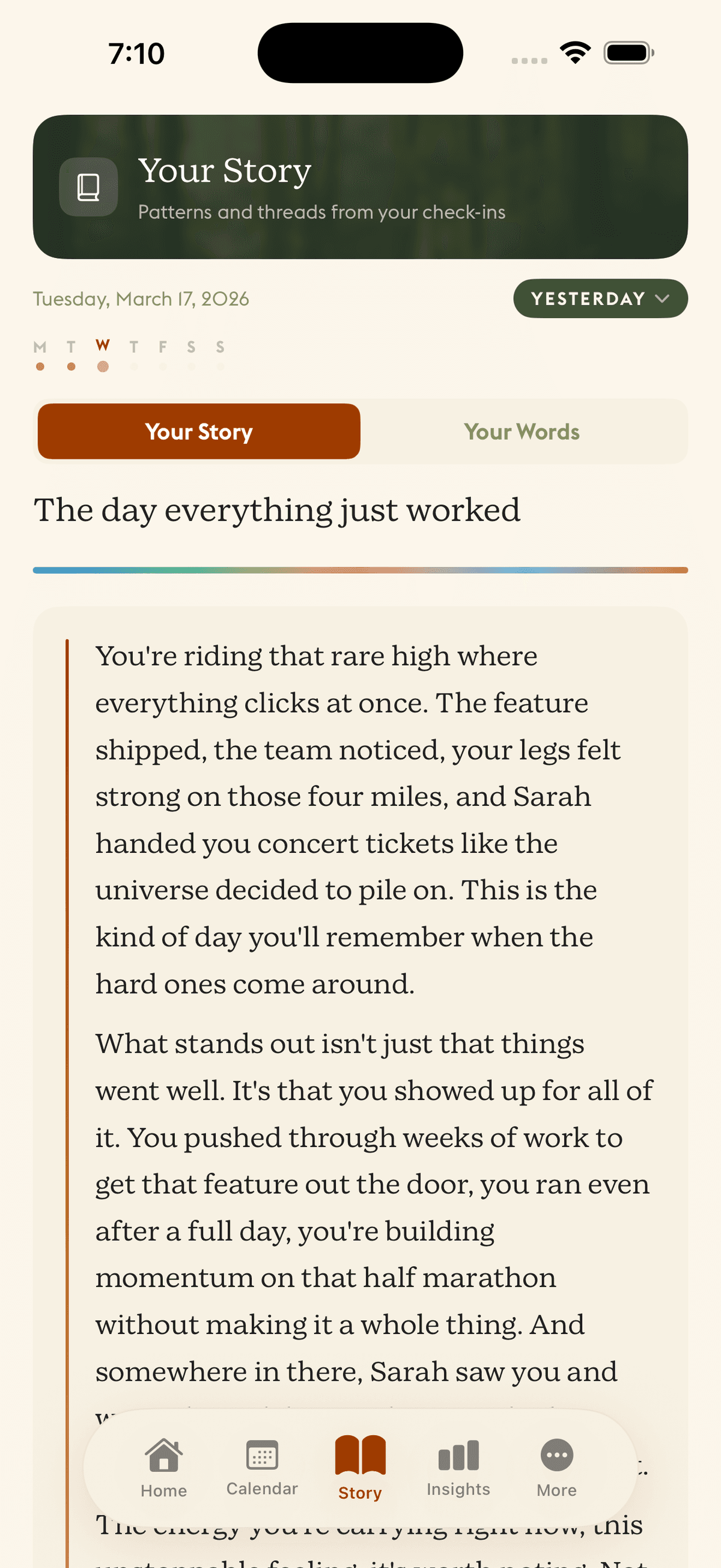 Daylogue daily narrative feature — AI-generated personal story that reads your emotional patterns back to you