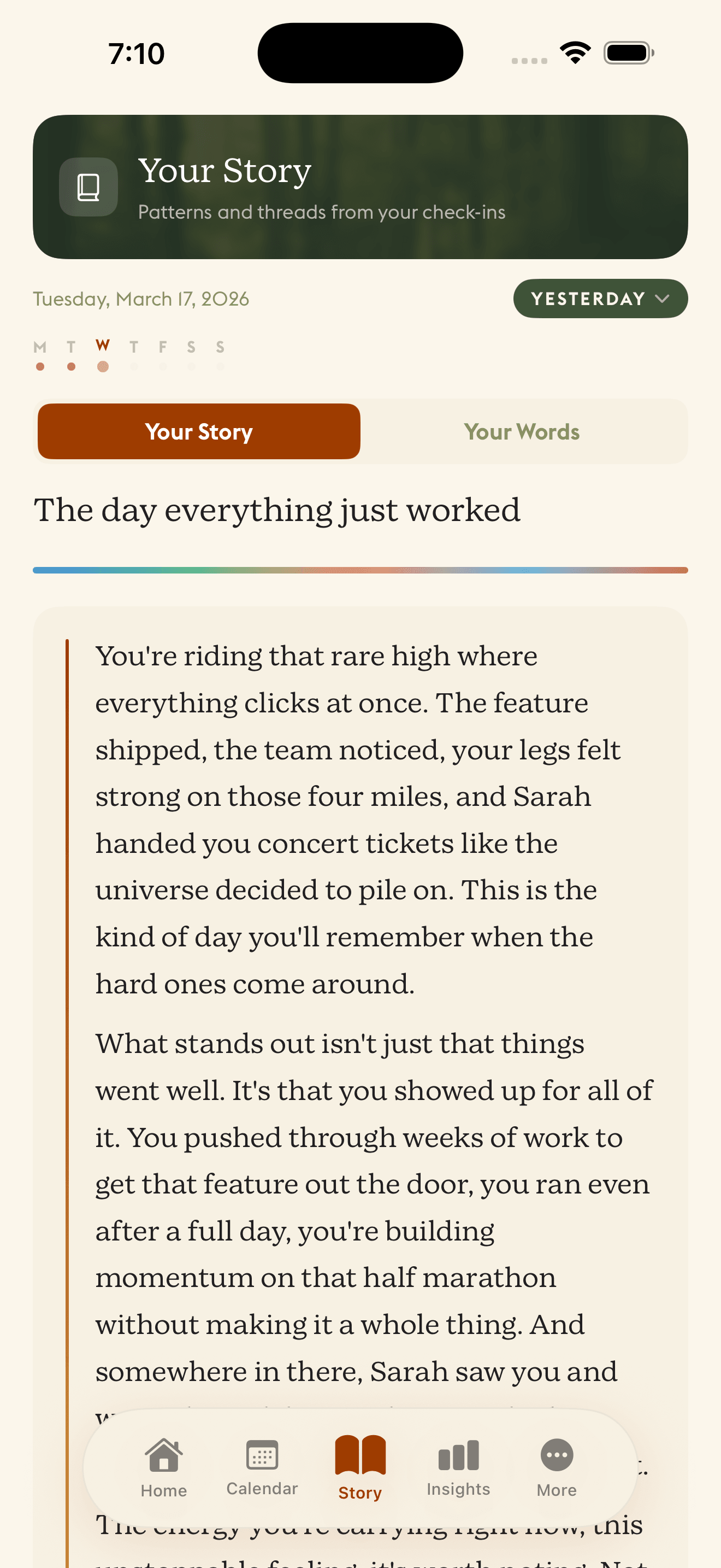 Daylogue Your Story view displaying a personalized AI-written daily narrative titled The day everything just worked with serialized emotional storytelling