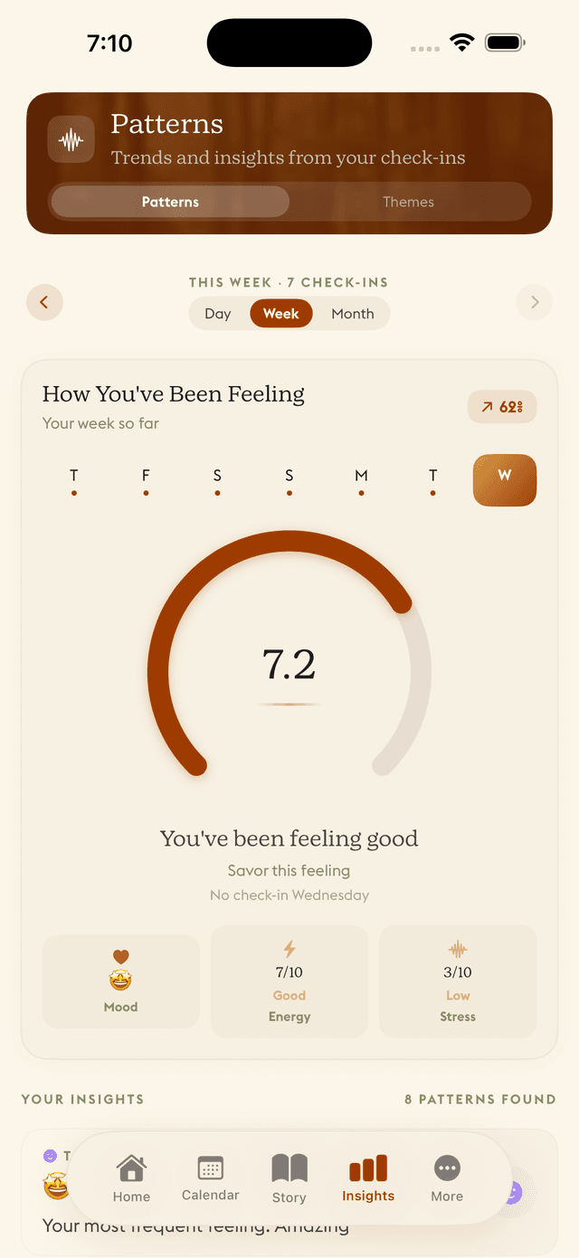 Daylogue mood gauge visualization showing weekly wellness score with energy and stress metrics