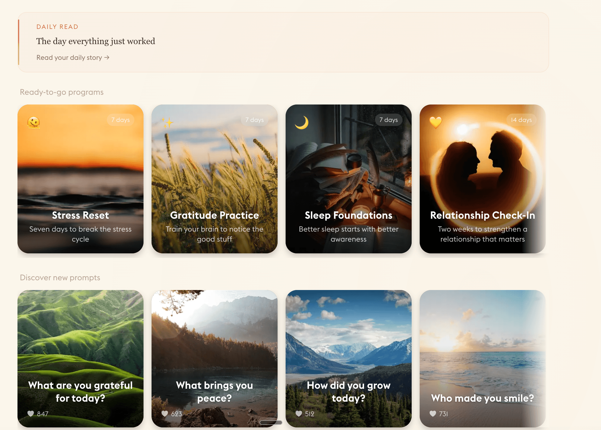 Daylogue guided programs including Stress Reset, Gratitude Practice, Sleep Foundations, and Relationship Check-In with nature photography and daily journaling prompts