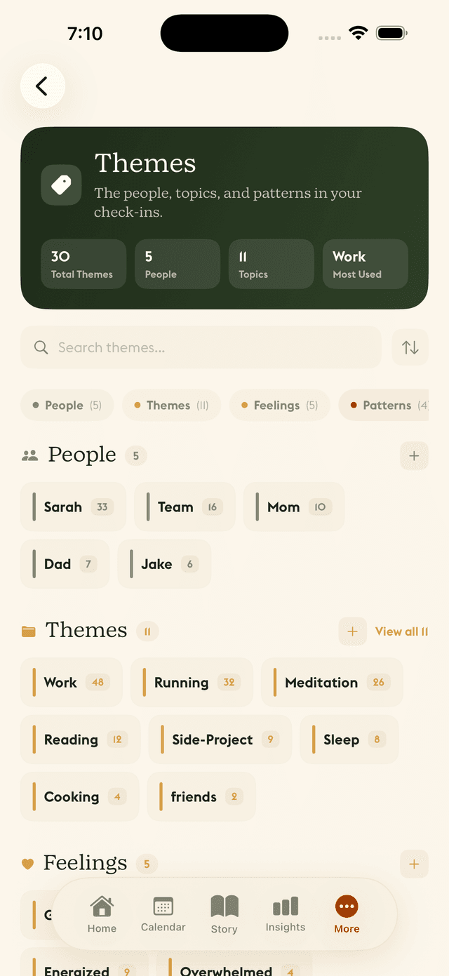 Daylogue Themes view showing People, Topics, Feelings, and Patterns categories for emotional self-awareness