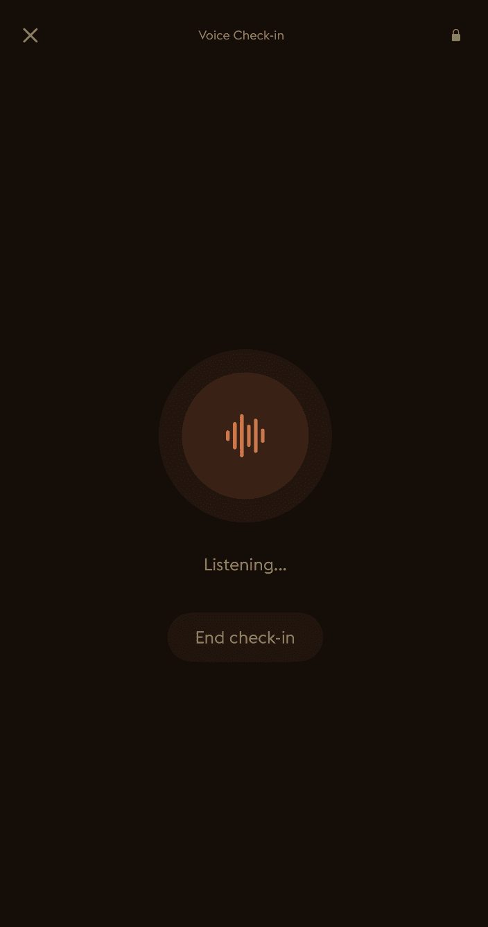 Daylogue voice check-in screen showing a calm voice reflection interface