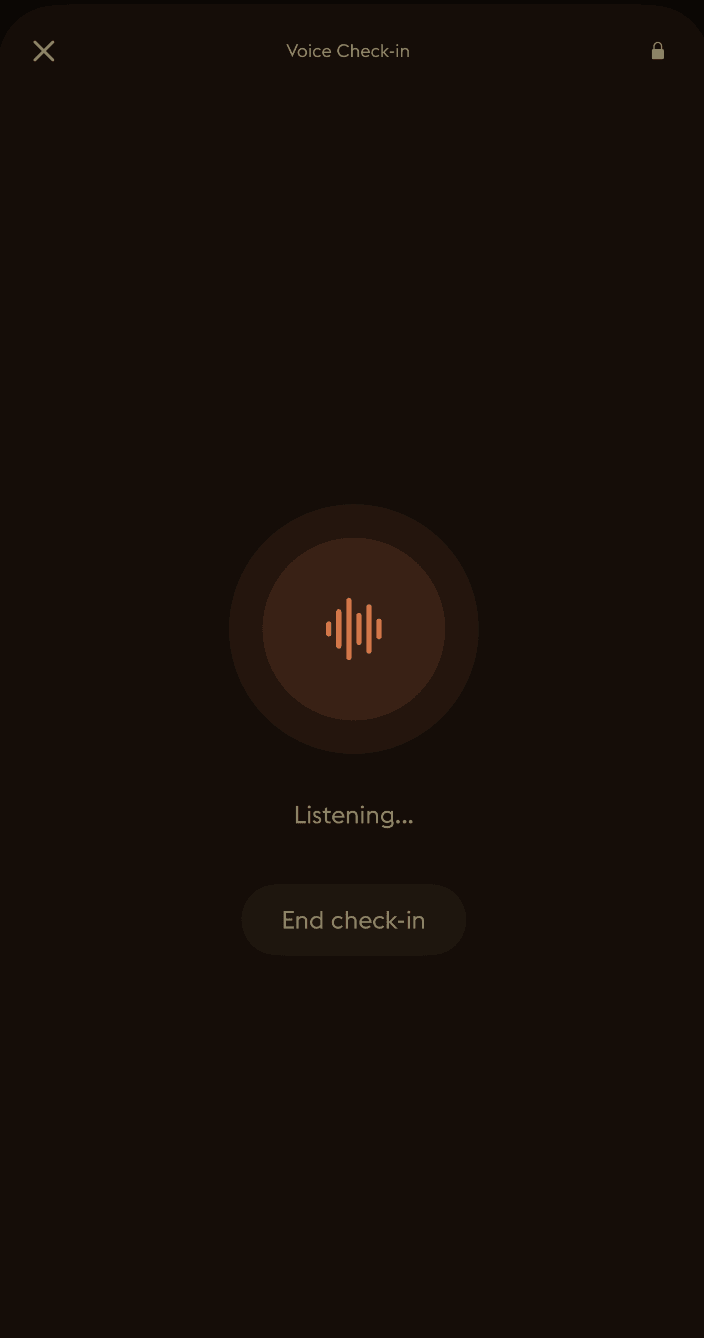 Daylogue Voice Check-in screen showing active listening mode with audio waveform visualization for hands-free emotional journaling