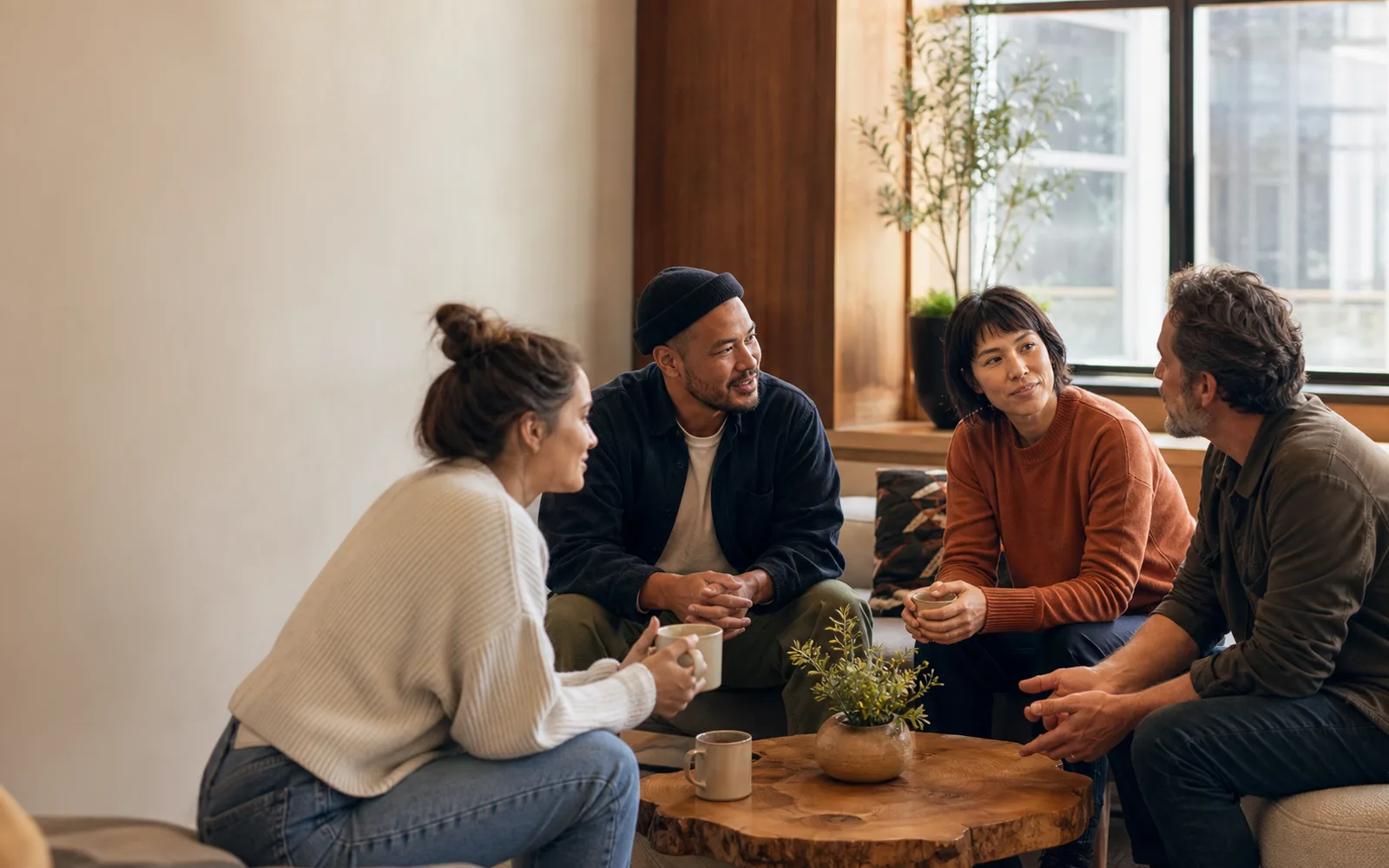 Four coworkers having a thoughtful conversation in a warm, relaxed break area