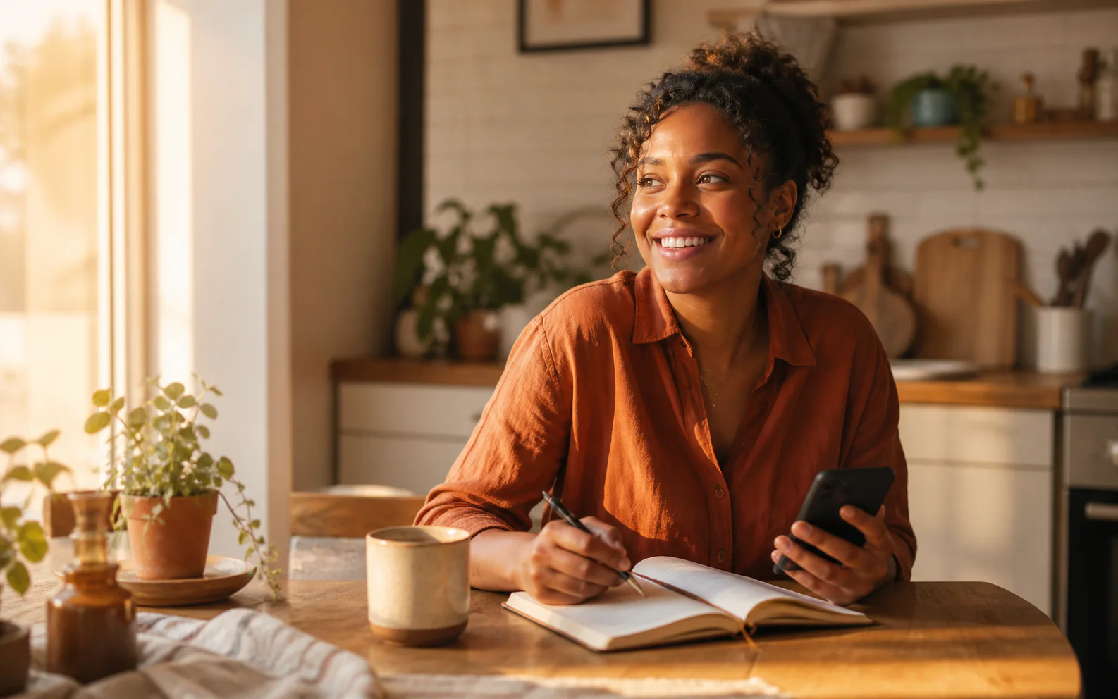 Woman smiling while writing in a free AI journal beside her phone