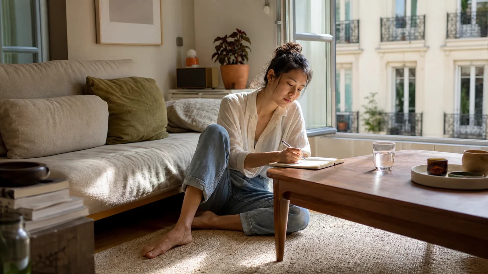 A woman writing one quiet line at home after a reflective pause
