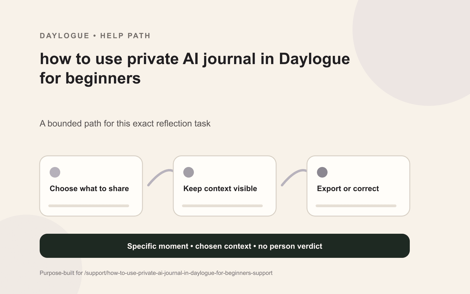 Daylogue private AI journal diagram showing synced storage, model processing choices, detail minimization, and an offline option.