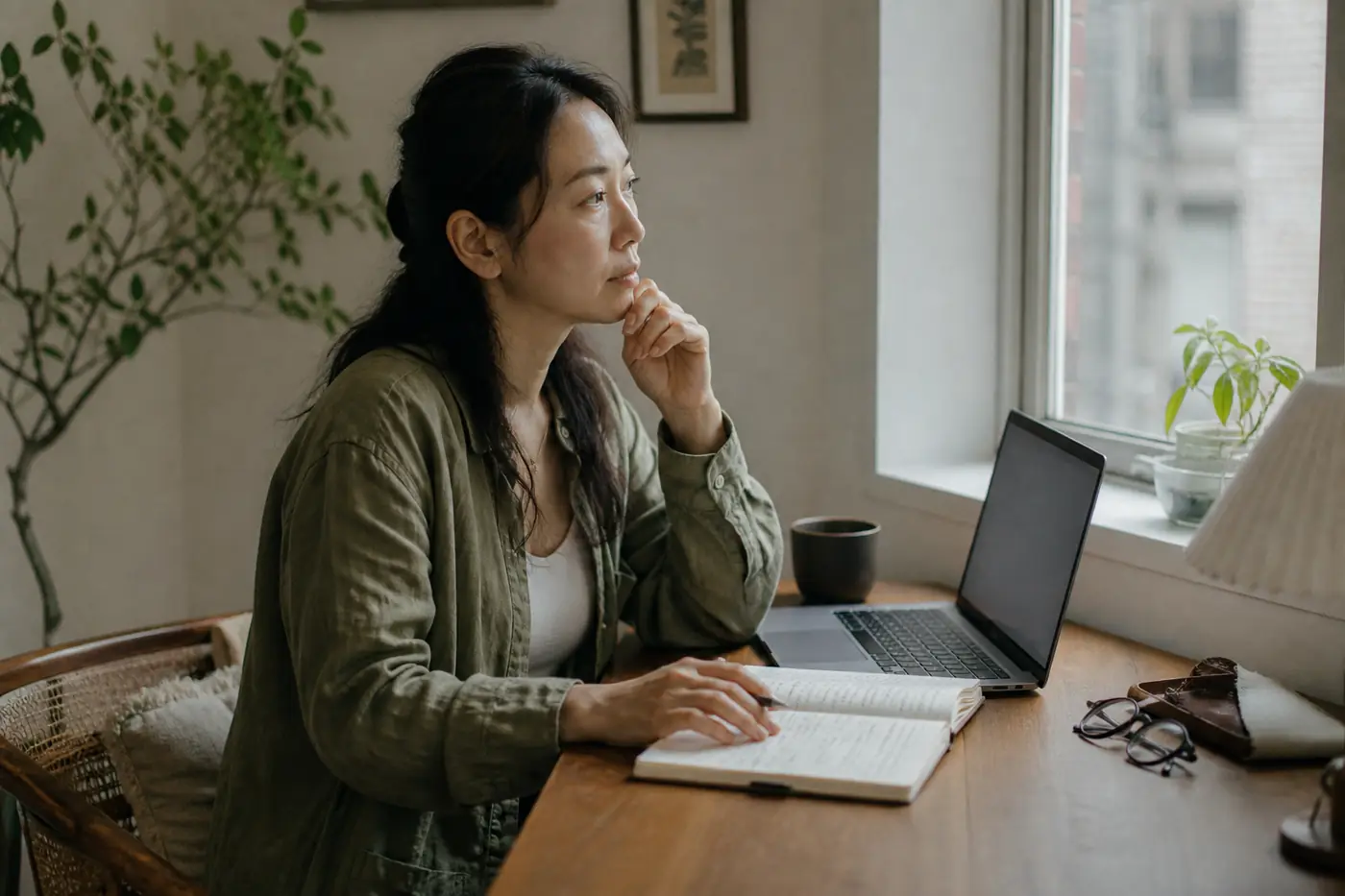 A woman reviewing her journal beside a laptop near a bright window
