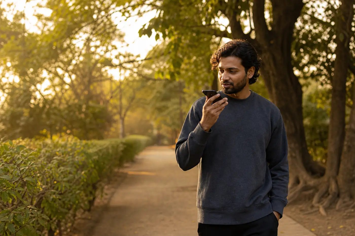 A man recording a private voice reflection during a sunny park walk