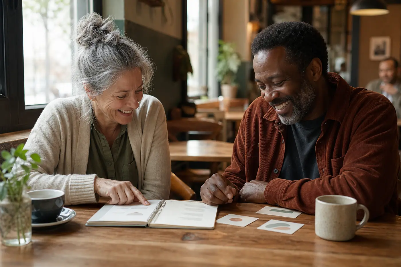 Two longtime friends comparing notes and laughing at a neighborhood cafe