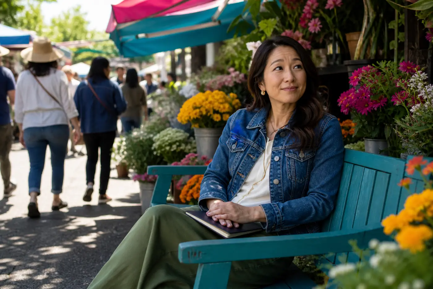 A woman taking a quiet break among colorful flowers at an outdoor market