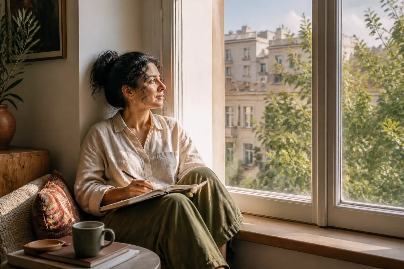 A woman reflecting with a notebook in a sunlit window alcove