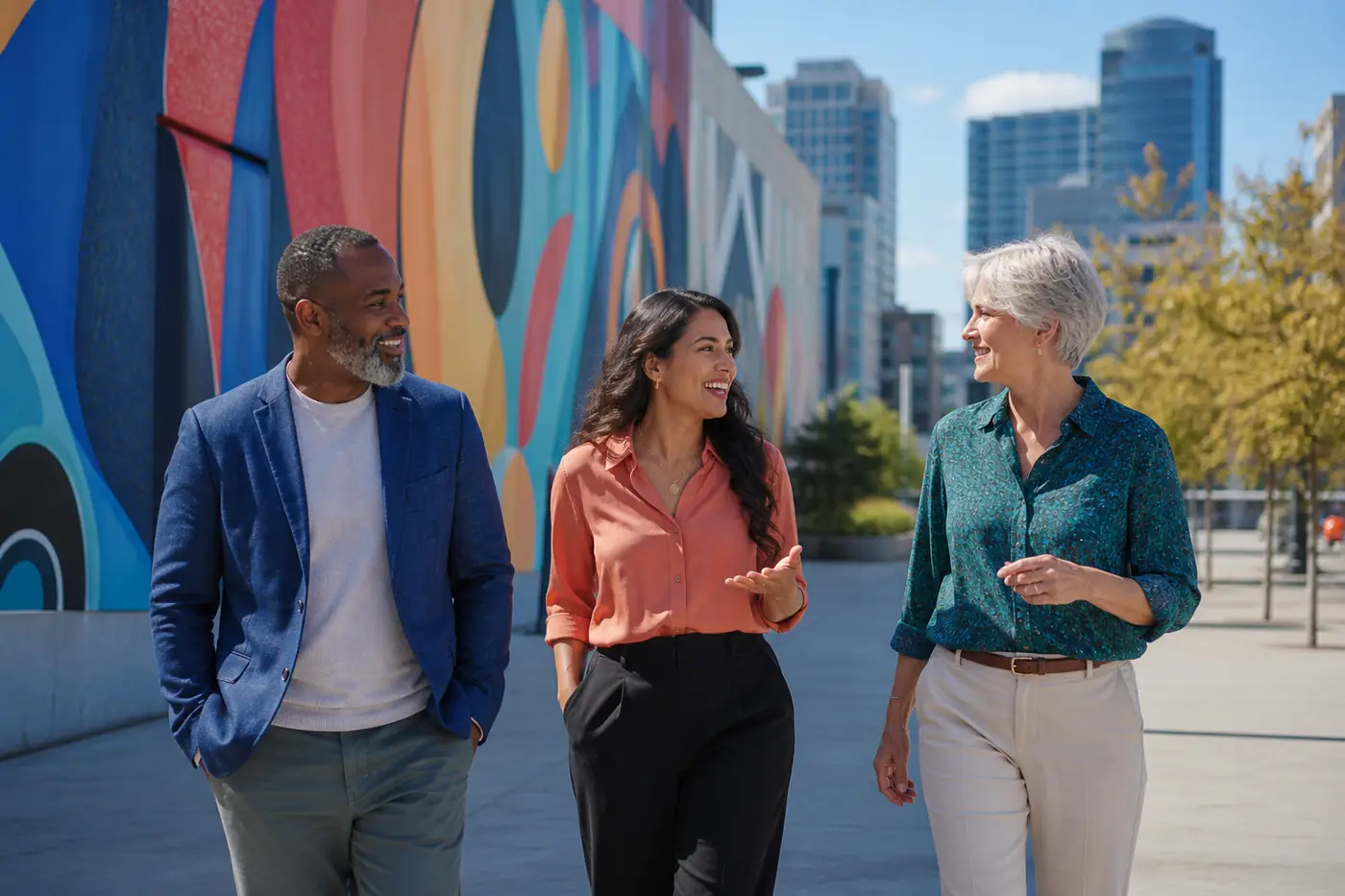 Three colleagues talking while walking beside a colorful city mural