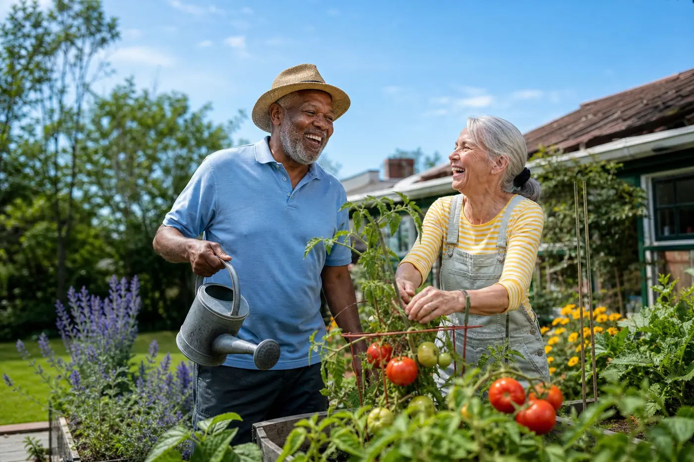 An older couple laughing together while tending a sunny backyard garden