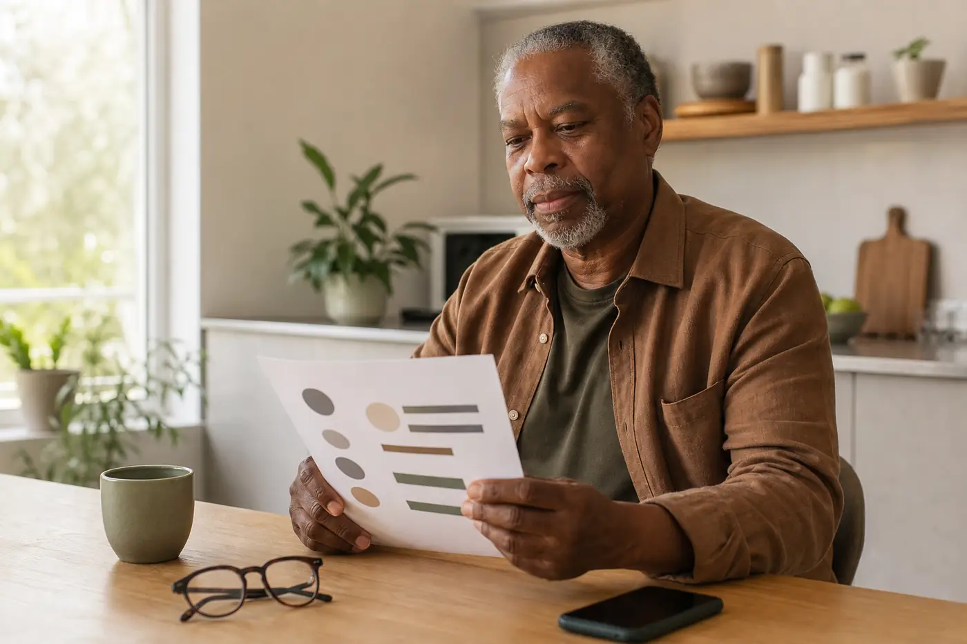A man thoughtfully reviewing an abstract results sheet at his kitchen table
