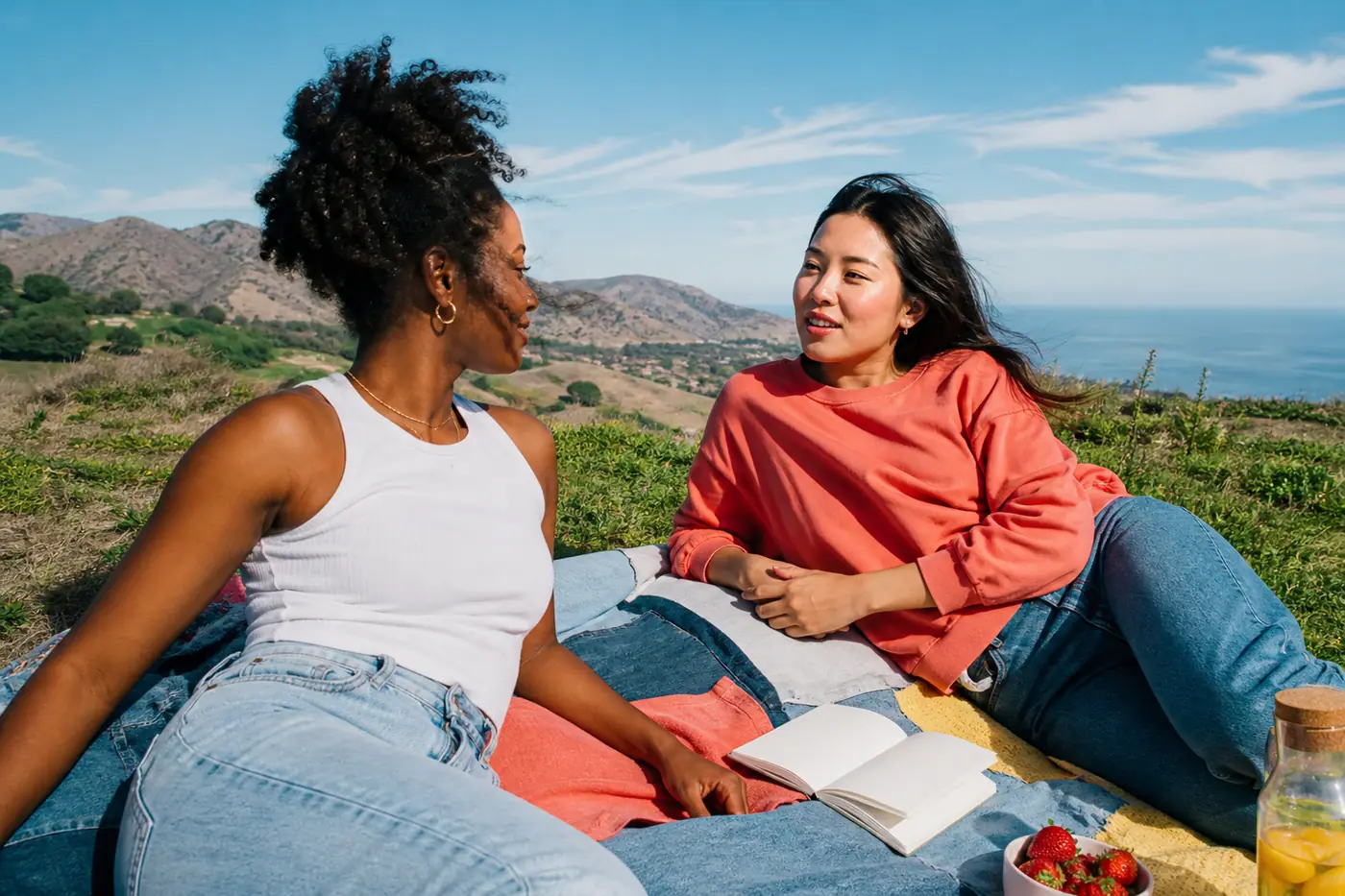 Two friends talking on a sunny hillside with an open notebook nearby