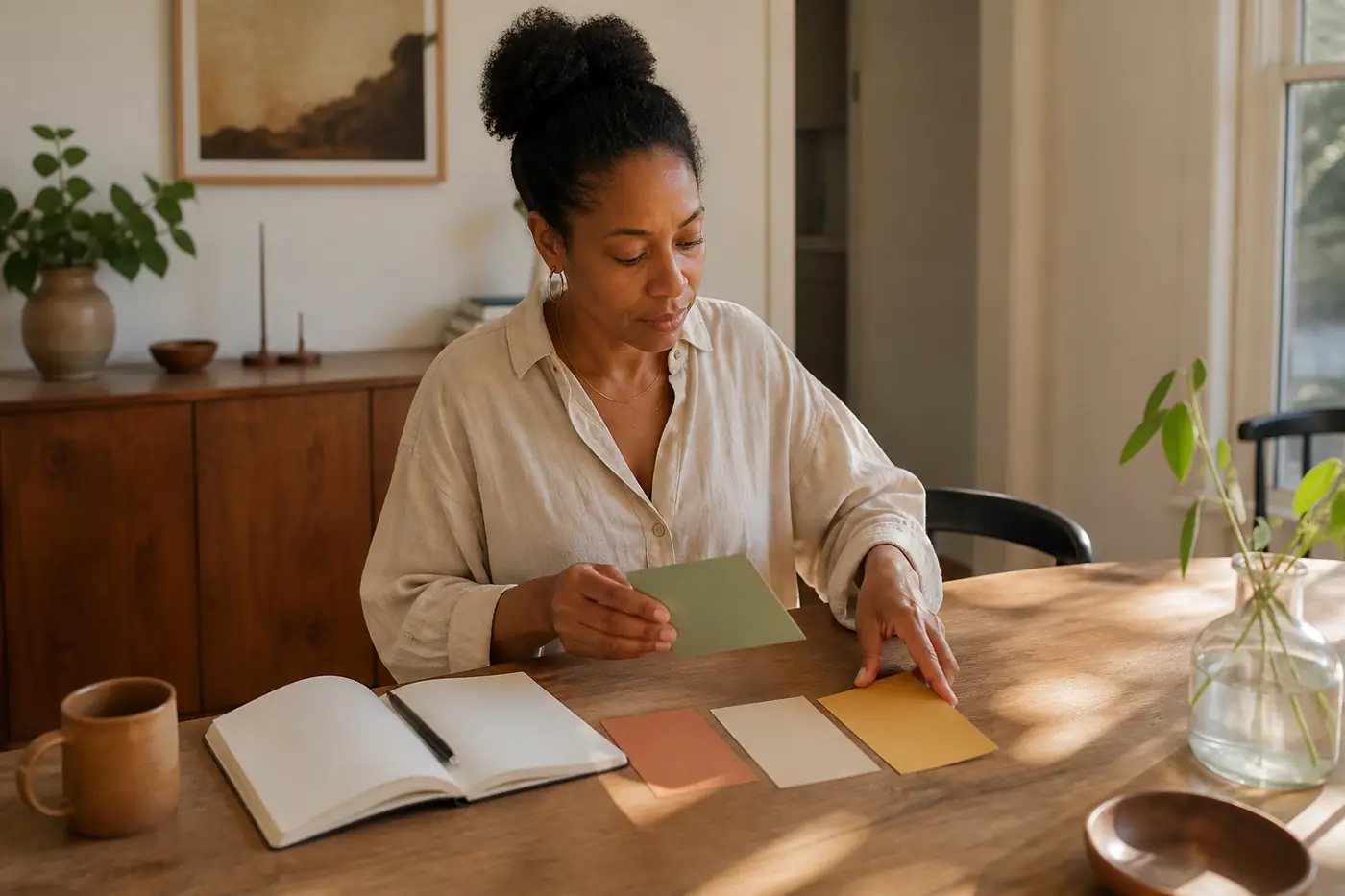 A woman arranging simple reflection cards beside an open notebook at home
