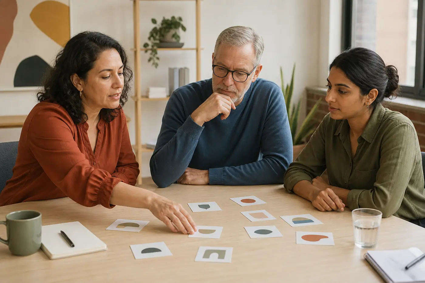 Three colleagues sorting abstract cards during a focused team workshop