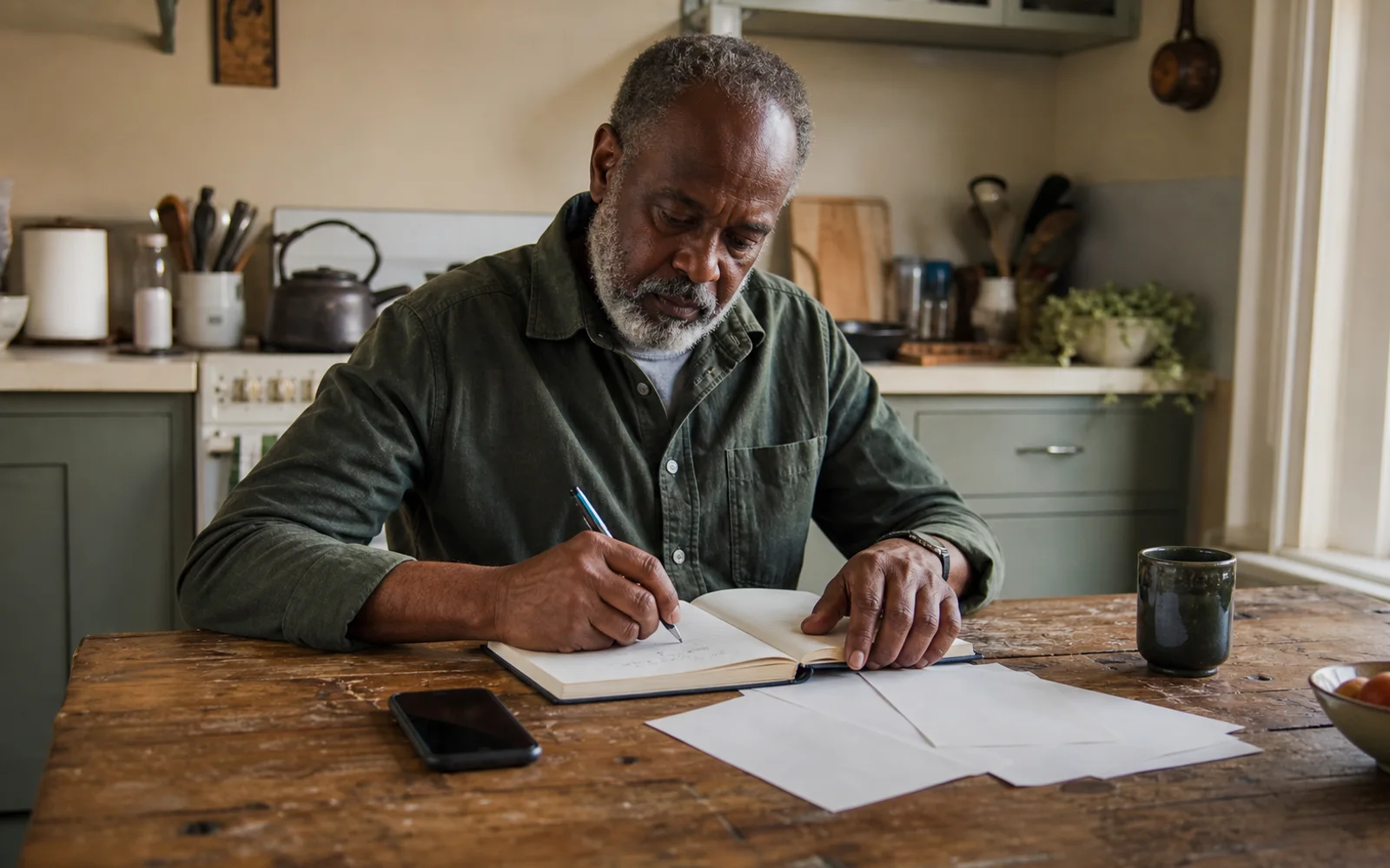 A man writes in a journal beside loose pages and a phone at his kitchen table.