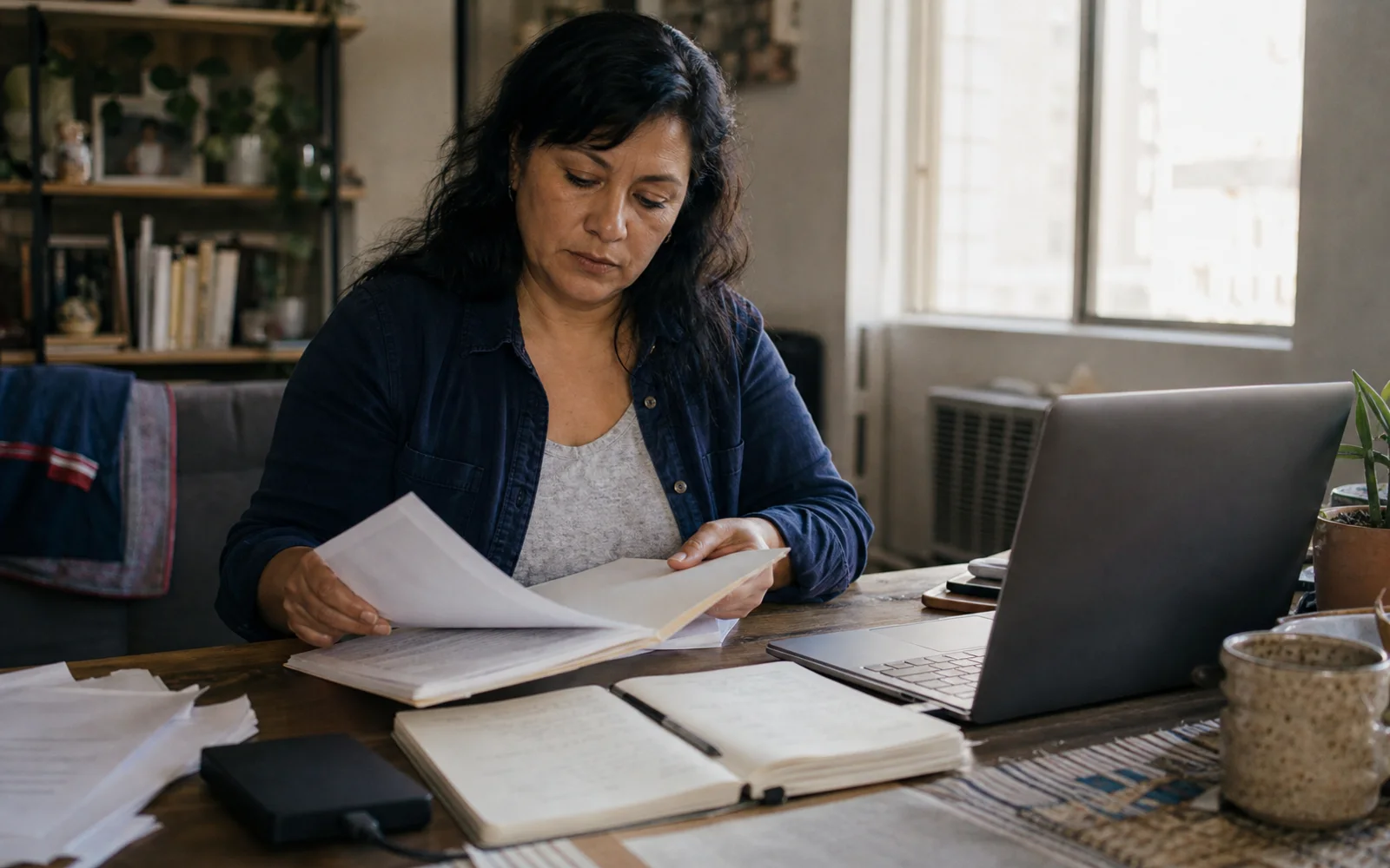 A woman organizes printed journal pages beside a laptop, notebook, and external drive.