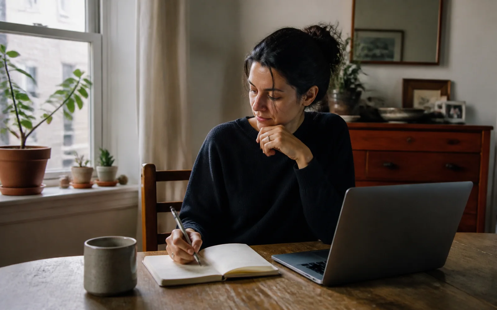 A woman writes in a paper journal beside a laptop at her dining table.
