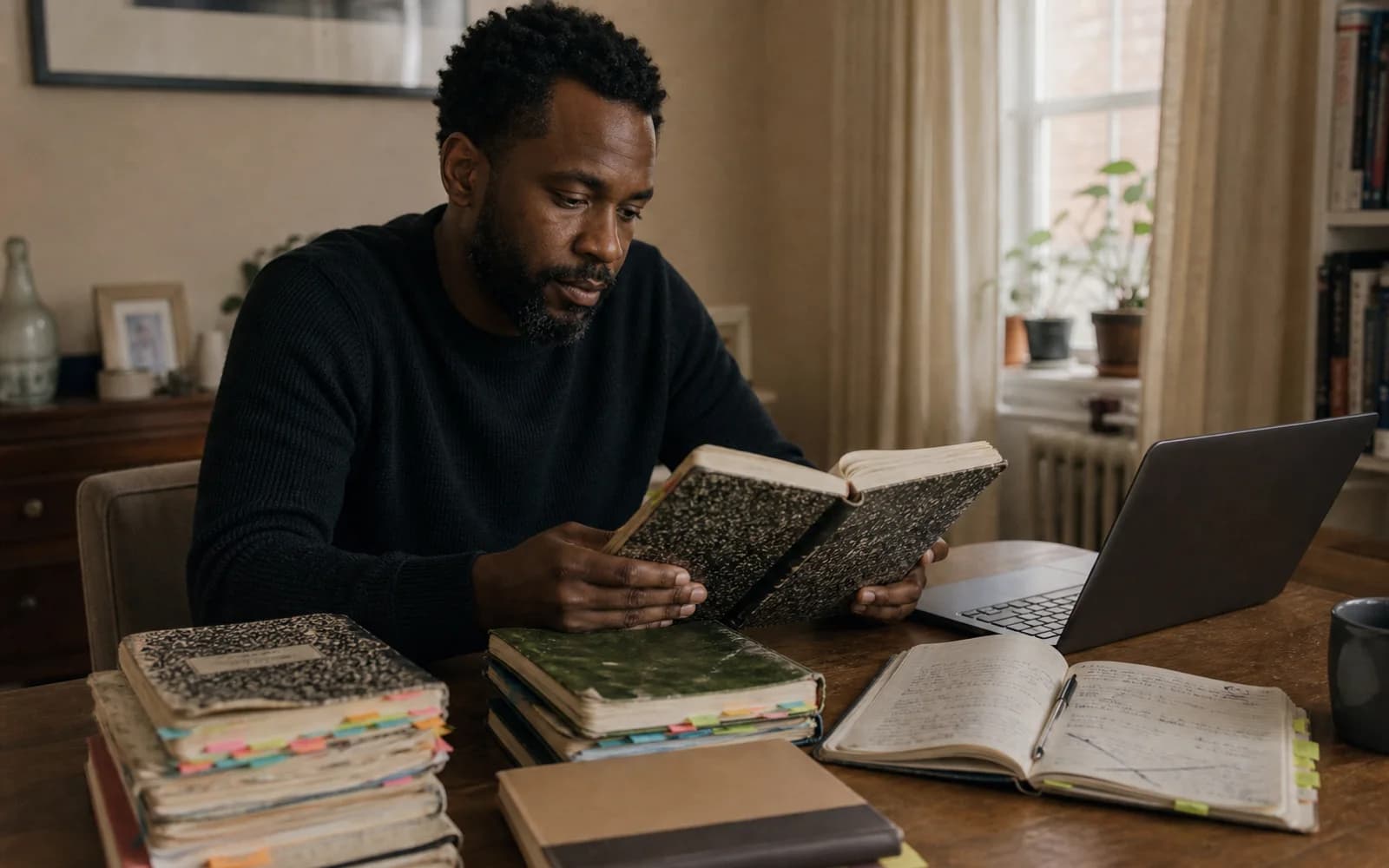 A man rereads several well-used journals beside his laptop at home.