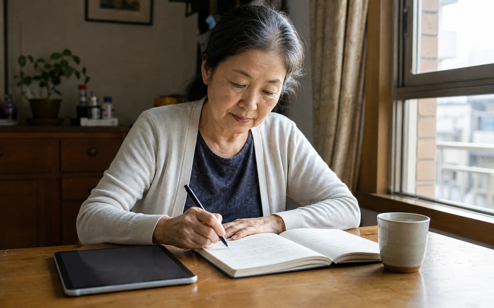 An older woman writes in a paper journal beside a tablet at home.