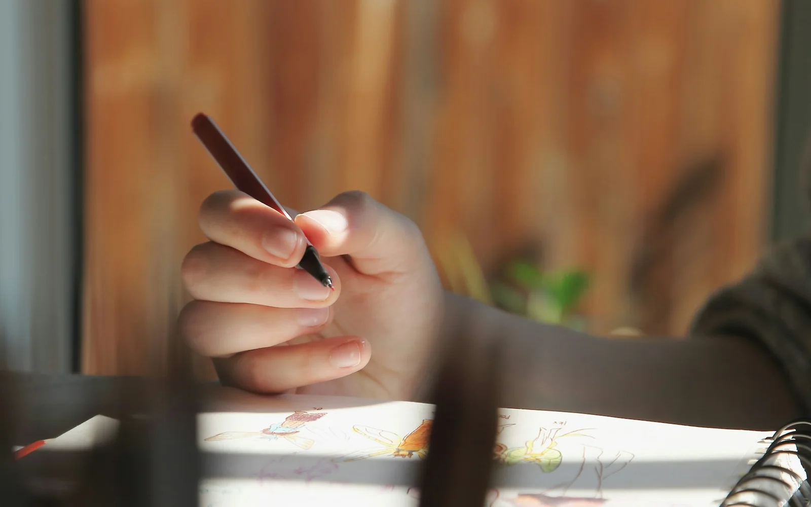 A hand writes in a sketchbook in warm natural light.