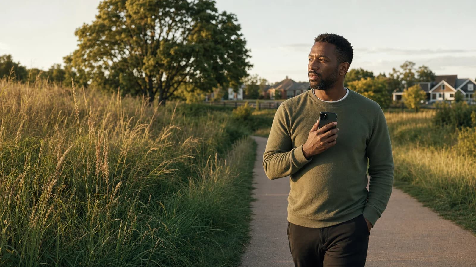 A man recording a voice reflection during an afternoon walk