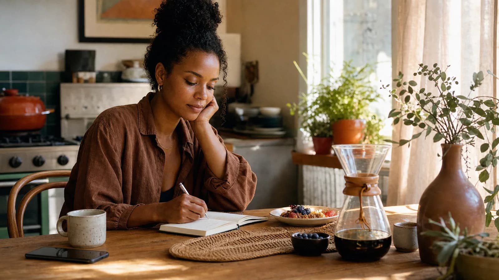 A person writing at a warm kitchen table, representing the sources and context behind pattern journaling
