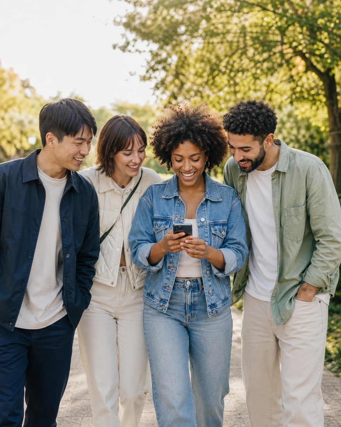 A group of friends walking outside on a sunny day, smiling together while looking at a phone.